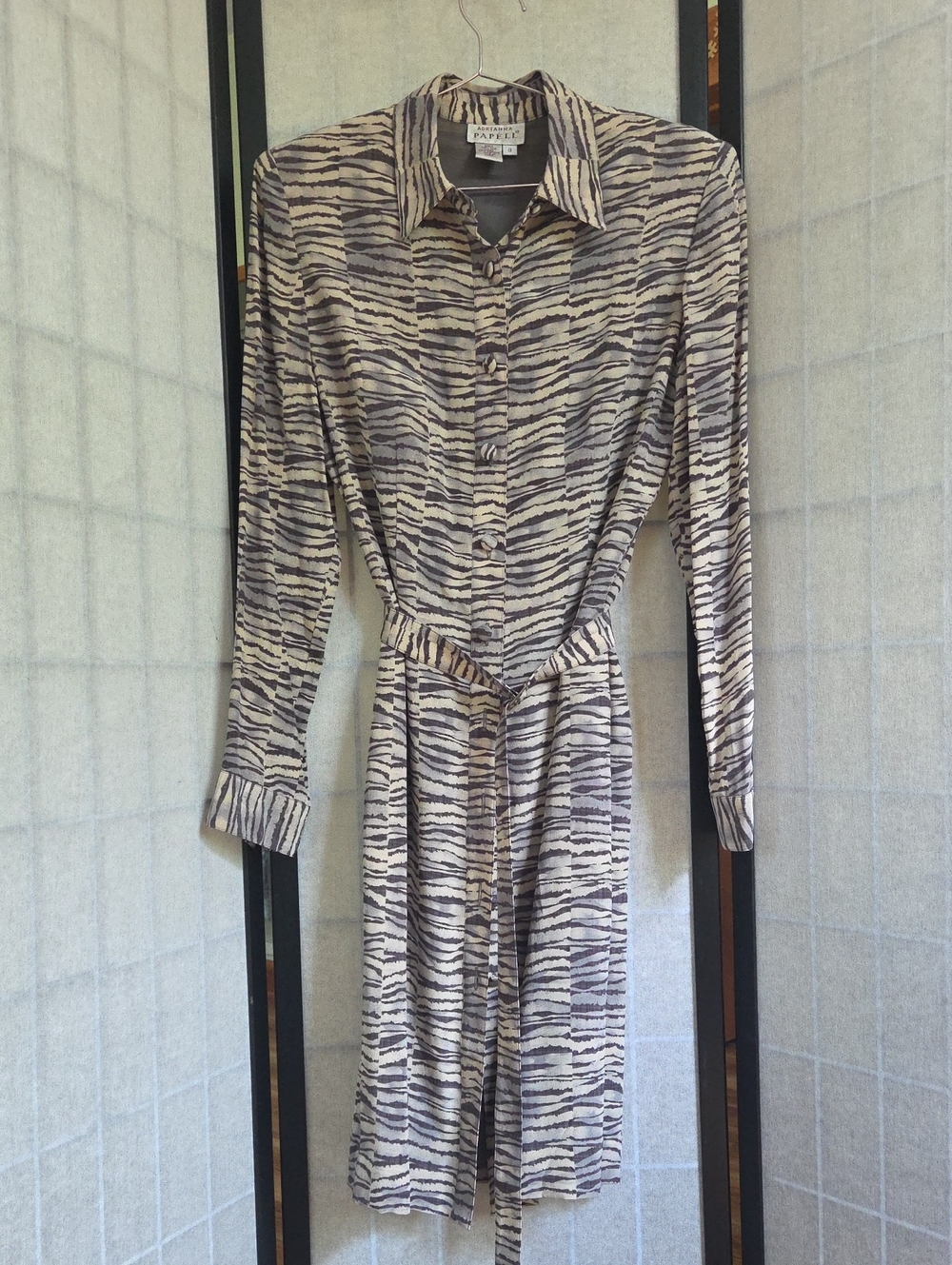 100% Silk Zebra-Print Long Sleeve Shirt Dress